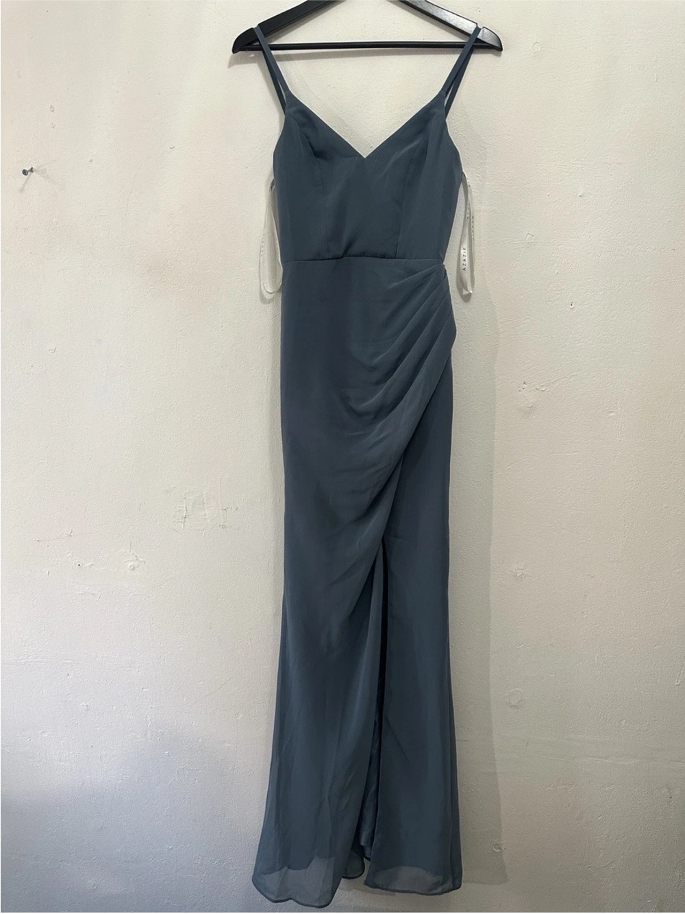 Azazie Bridesmaid Dress C Slate Blue Chiffon Maxi Formal Spaghetti Strap